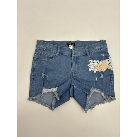 Venus Womens Size 2 Distressed Denim Shorts Lace Patch Raw Hem Jean - Picture 1 of 7